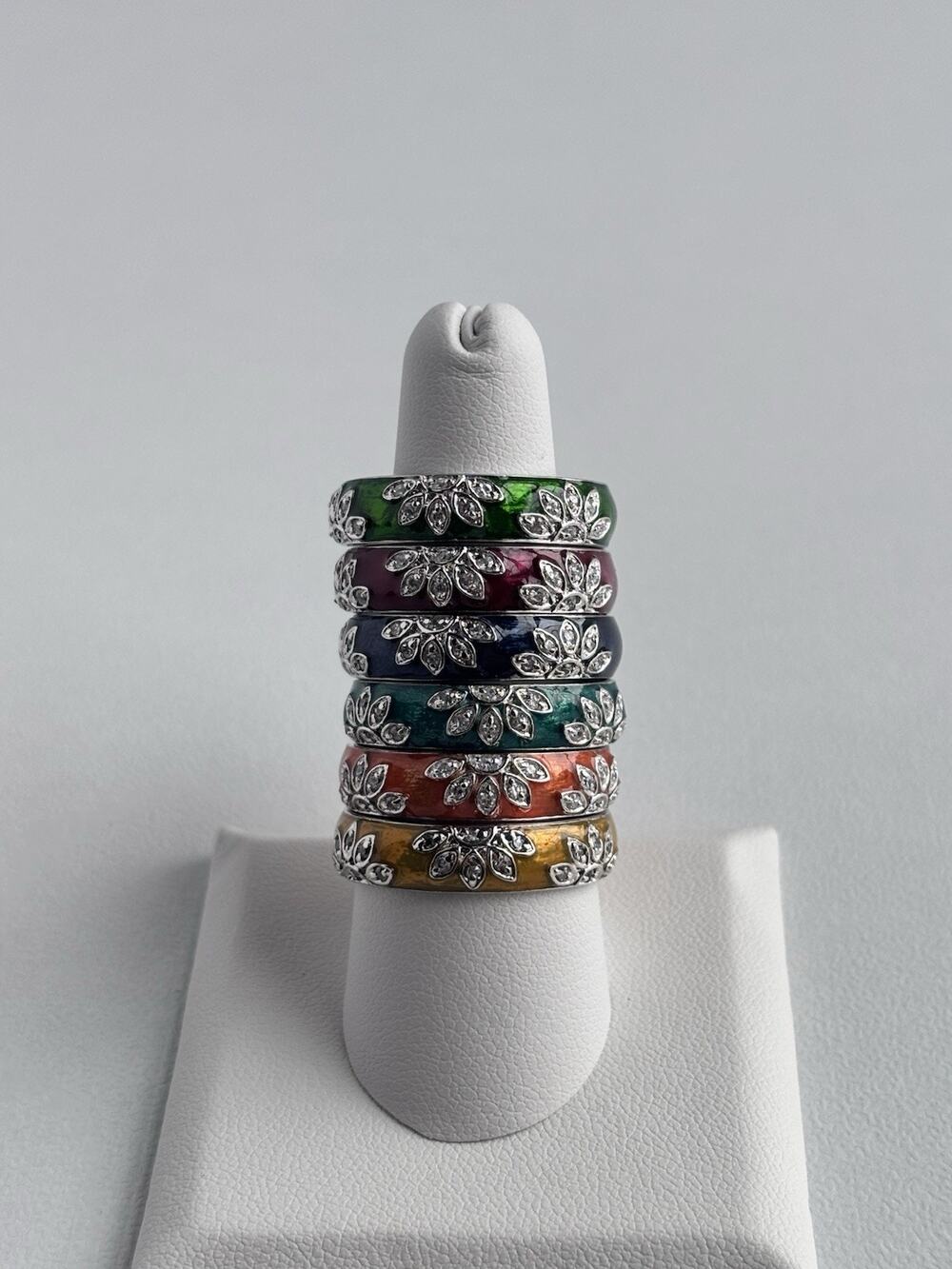 QVC Diamonique 925 Sterling Silver Enamel Ring Set 6 Colors Floral Size 10
